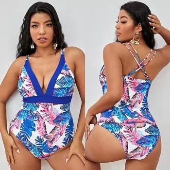 2025 сексуальный принт плюс размер купальники женский V-образный вырез большой большой цельный купальник пышная спина крест пухлый купальный костюм 0XL синий