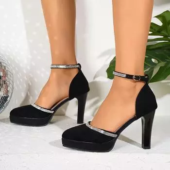 2025 sexy high heels women s waterproof table pointed thick heel one-word buckle hollow solid color versatile professional single shoes 34