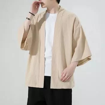2025 Simmer мужские рубашки-кимоно мужские открытые японские куртки повседневные рубашки с рукавами 3/4 пальто с открытым передом легкие льняные топы 5XL армия зеленый