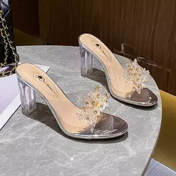 2025 slope heel sandals women s summer new sexy crystal transparent high heels glass rhinestone slope heel slippers 34