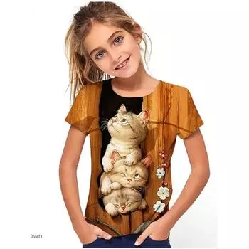 2025 Смешные животные Кот 3D принт футболки для девочек вечерние модные короткие рукава топы футболки 2025 повседневные футболки одежда для девочек 100