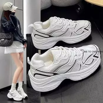2025 Sneakers for Women Mesh Solid Color Patchwork Thick Sole Lace-up Spring Female Leisure Shoes Handmade Drop Shipping Zapatos 36 белый