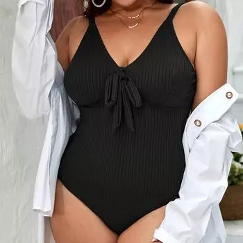 2025 Solid Patchwork Plus Size Купальники Женские Завязанный Холтер Полый Цельный Купальник Push Up Backless Большой Купальник 0XL чёрный