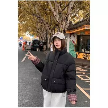 2025 spliced contrast plaid women s short down cotton jacket loose casual stand-up collar winter new bread jacket M