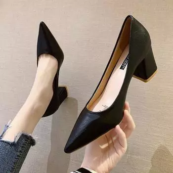 2025 spring and autumn fashion solid color simple PU students vocational OL leisure work thick heel 7CM high heels 35 красный