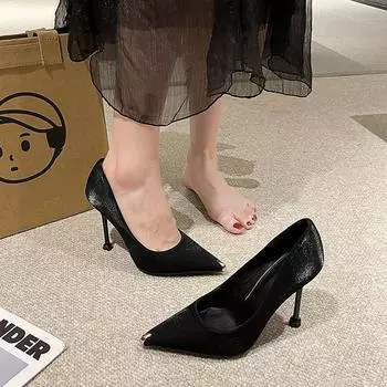 2025 spring and autumn new black suede high heels wine glass heel temperament professional shoes women pointed French single shoes women 34