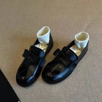 2025 spring and autumn new British style round head thick bow loafers casual fashion comfortable slip-on shoes 35