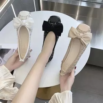 2025 spring and autumn new cloth surface shallow mouth bow sweet Doudou shoes flat work single shoes women s casual maternity shoes 35 белый