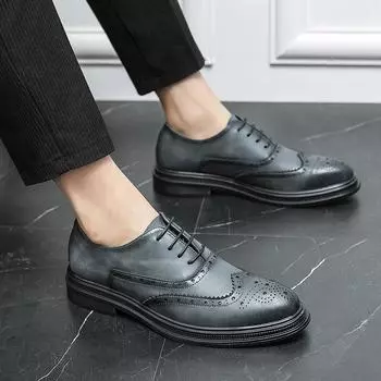 2025 spring and autumn new dress business leather shoes genuine leather Brock pointed leather shoes men s trendy British soft-soled men s shoes 38 чёрный