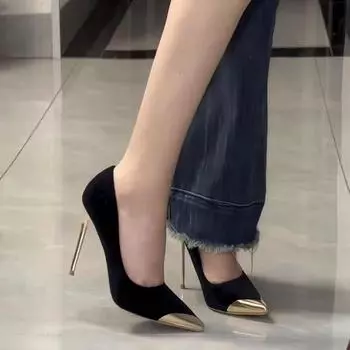 2025 spring and autumn new European and American banquet fashion light luxury high heels women s thin heels metal pointed suede super high single sho 35