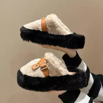 2025 spring and autumn new high-end fluffy shoes for women, outer wear, baotou, belt buckle, thick-soled lazy large-size slippers for women 35 белый