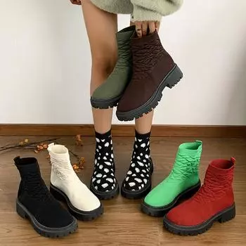 2025 spring and autumn new large size round head flying socks thick sole thick heel solid color casual and comfortable Martin boots women 35 белый