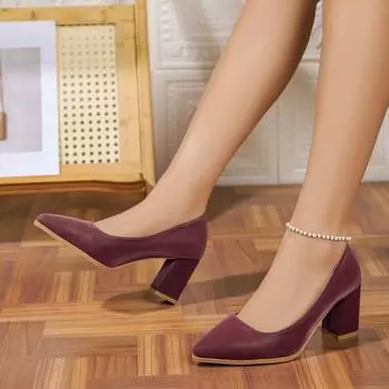 2025 spring and autumn new pointed thick heel sexy light mouth temperament professional commuter high heels French fairy style single shoes 34 лавандовый