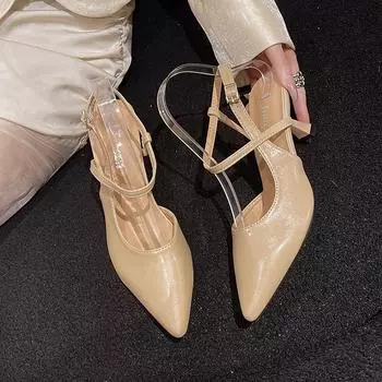 2025 spring and autumn new pointed thin heel sandals fairy temperament fairy style high heels female bag head empty single shoes 35 чёрный