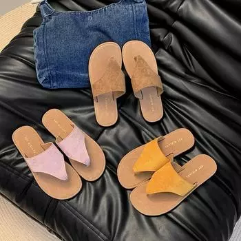 2025 spring and autumn new retro flip-flops wear Korean version of fashion toe beach flat bottom sandals women 35 хаки