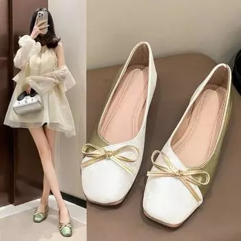 2025 spring and autumn new square head low heel cowhide black gold color matching single shoes bow comfortable women s square head flats 35