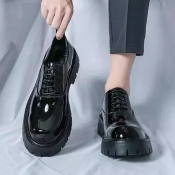 2025 spring and autumn, small man thick-soled heightening bright leather shoes, men s British style black big head tooling leather shoes 38