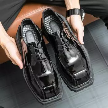 2025 spring and autumn, small man thick-soled height increase square head leather shoes, men s British style black big head tooling leather shoes 38