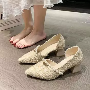 2025 spring and autumn thick heel small fragrant single shoes female pearl fairy shoes pointed head shallow mouth side empty fashion high heels A pair of half-yard pads 6.72 yuan
