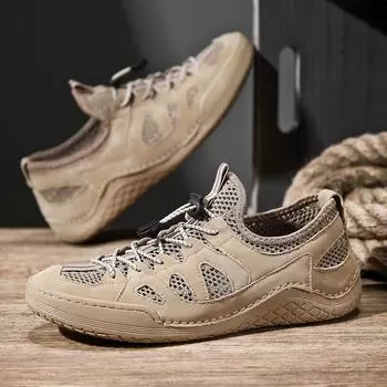 2025 spring and summer fashion casual shoes men s hand-sewn breathable mesh men s shoes non-slip and wear-resistant outdoor Shoes 38 чёрный