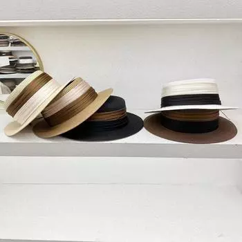 2025 spring and summer French new color matching ribbon flat top straw hat children s big eaves outdoor seaside sunshade beach hat M56-58cm чёрный