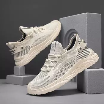 2025 spring and summer Guochao quality fly-woven mesh breathable sports single shoes tide and low-top lace-up outdoor casual men s shoes 39 бежевый