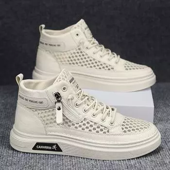 2025 spring and summer men s shoes new mesh breathable hollow versatile thin high-top board shoes men s casual net shoes 39