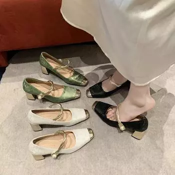 2025 spring and summer national style square head design fashion light mouth casual thick heel high heel versatile fashion daily single shoes women 35