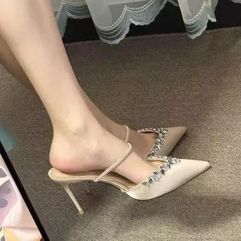 2025 spring and summer new chain rhinestone high heels pointed temperament French single shoes one word bag head sandals fashion 35