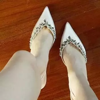 2025 spring and summer new chain rhinestone high heels pointed temperament French single shoes one word bag head sandals fashion 35