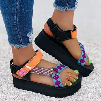 2025 spring and summer new European and American muffin women s sandals platform large size Roman shoes color matching Velcro beach shoes 35 зелёный