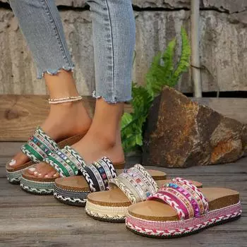2025 spring and summer new European and American foreign trade fashion ethnic style thick-bottomed slippers female bohemian large size sandals 36 чёрный