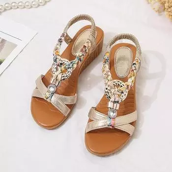 2025 spring and summer new European and American rhinestone thick-soled wedge sandals soft sole 43 large size colored muffin one-word sandals women 35 чёрный