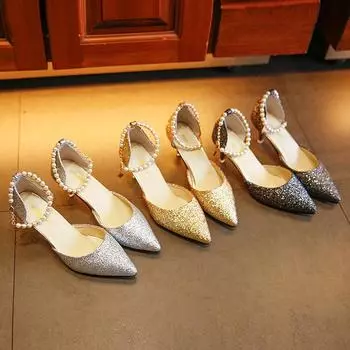 2025 spring and summer new fashion pointed hollow high heels women s stiletto medium heel sexy one-word buckle bag head sandals tide 34 серебряный