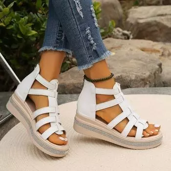 2025 spring and summer new fish mouth wedge heel platform women s sandals rhinestone hollow muffin round head Roman sandals women 36 чёрный