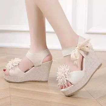 2025 spring and summer new flower muffin thick-soled wedge sandals women s lace-up one-word high-heeled beach fish mouth sandals 42 чёрный