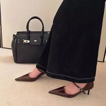 2025 spring and summer new high-end pointed simple high heels small one-word buckle strap thin heel light mouth single shoes 35 чёрный