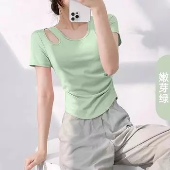 2025 Spring and Summer New Hollow Wrinkle Yoga Clothes Short sleeve Women Wear-Free Bra Slimming Sports Fitness Top T-shirt Green buds S
