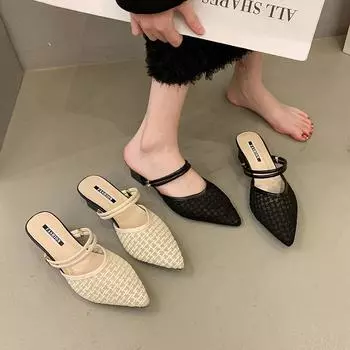 2025 spring and summer new Korean version pointed thick heel high heel sandals women s dual-purpose slippers women s border trade shoes 35