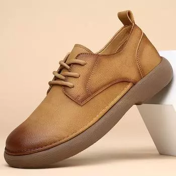 2025 spring and summer new men s shoes leather trendy breathable versatile soft leather soft sole wide head platform casual leather shoes men 38 хаки
