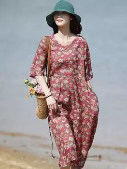 2025 spring and summer new printed cotton and linen dress women s waist and thin round neck five-quarter sleeve floral medium and long skirt M