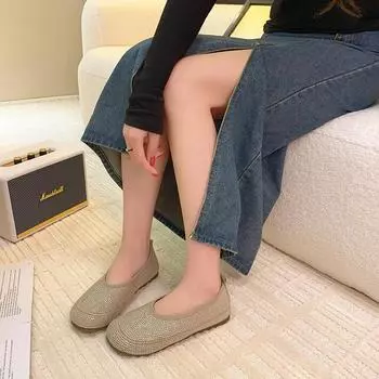 2025 spring and summer new retro style round head flat bottom new single shoes shallow mouth rhinestone casual grandma shoes ladyshoes 35 хаки
