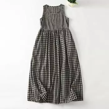 2025 spring and summer new round neck cotton and linen plaid dress women s loose Mori college style long dress chic skirt tide M