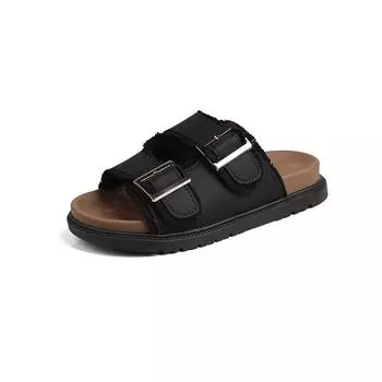 2025 spring and summer new sandals fashion one-word sandals buckle rough edge upper wear beach casual slippers women 35