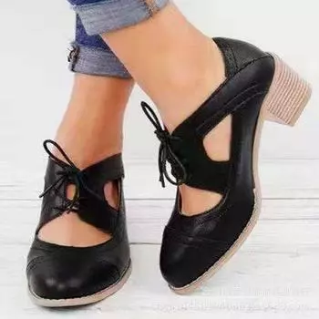 2025 spring and summer new thick heel high heel fashion single shoes women s 42 large size lace-up hollow engraved women s shoes in stock 35 чёрный