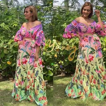 2025 spring and summer new women s clothing printing loose off-the-shoulder V-neck sexy and thin long dress dress dress S