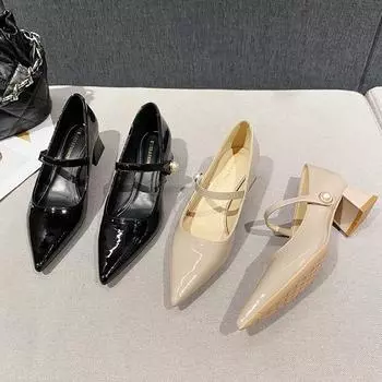 2025 spring and summer new women s shoes thick heels high heels pointed French shallow mouth single shoes one word belt women s shoes 33108-1A 34 чёрный