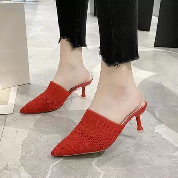 2025 spring and summer new women s high heels stiletto Mller bag head knitted fly-knitted outer wear pointed half slippers foreign trade models 34 чёрный