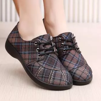 2025 spring and summer old Beijing cloth shoes women s comfortable flat shoes plaid lace-up canvas shoes middle-aged and elderly mother women s shoes 35 красный