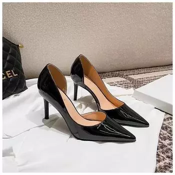 2025 spring and summer patent leather side empty nude high heels women s thin heels sexy black light mouth single shoes 35 чёрный